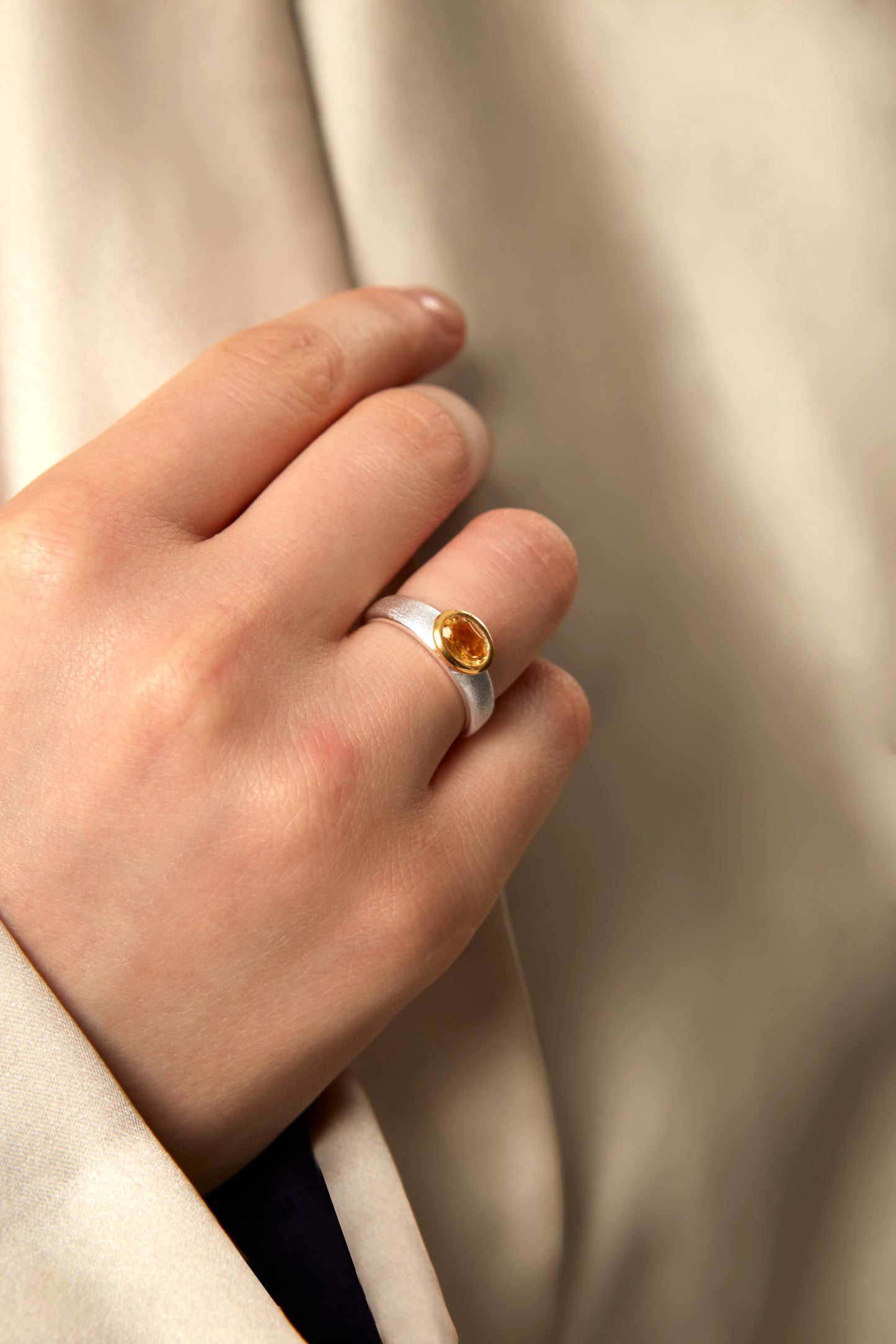 Jantier: Princess Citrine Ring in Gold-Plated Silver